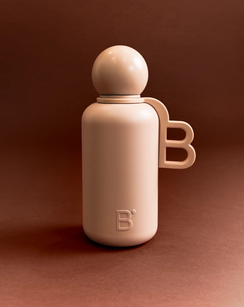 Celine luxury water bottle - beige stainless steel with rounded cap and handle