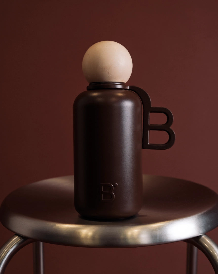 Paris luxury water bottle - dark brown stainless steel with rounded cap and handle